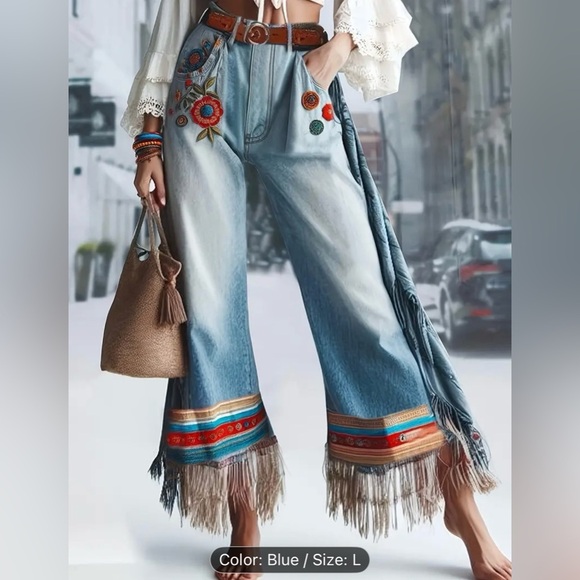 Embroidered Wide Leg Faux Jeans with Fringe Hem - Picture 2 of 5